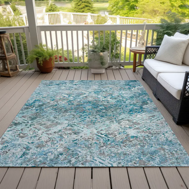 10' X 14' Teal Blue Gray And Charcoal Geometric Washable Indoor Outdoor Area Rug