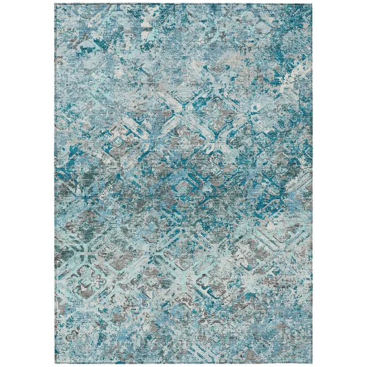 10' X 14' Teal Blue Gray And Charcoal Geometric Washable Indoor Outdoor Area Rug