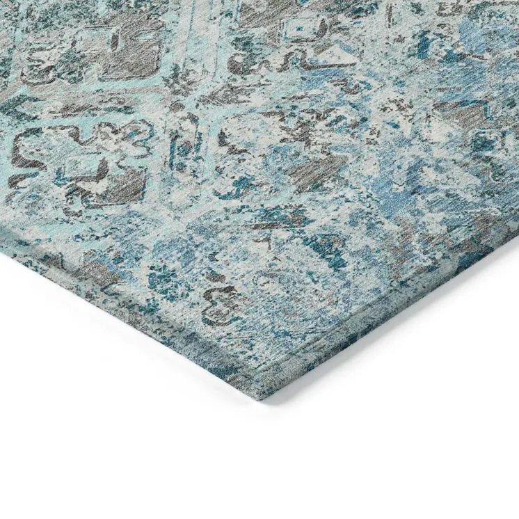 10' X 14' Teal Blue Gray And Charcoal Geometric Washable Indoor Outdoor Area Rug