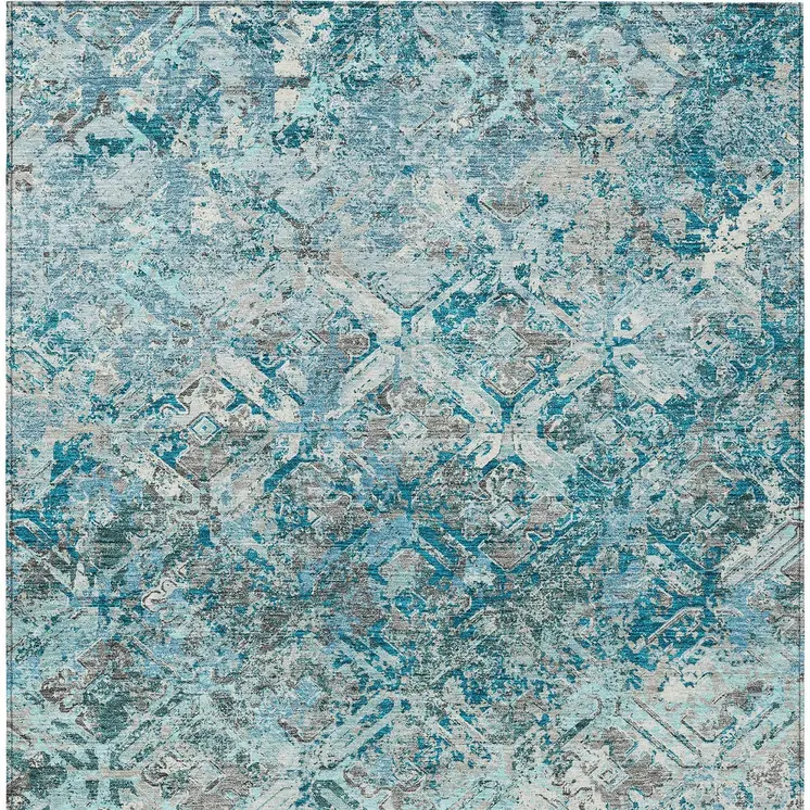 10' X 14' Teal Blue Gray And Charcoal Geometric Washable Indoor Outdoor Area Rug