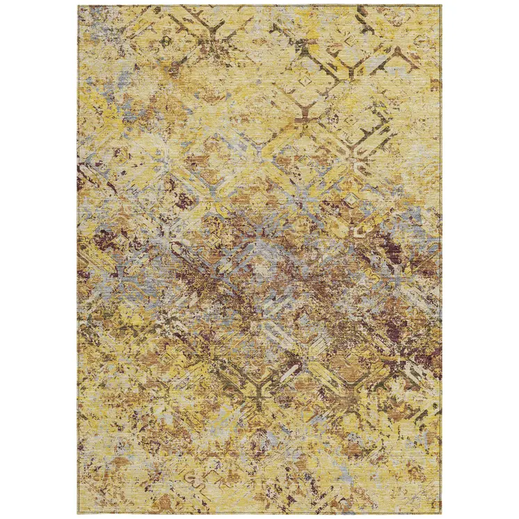 3' X 5' Wheat Gold And Gray Geometric Washable Indoor Outdoor Area Rug