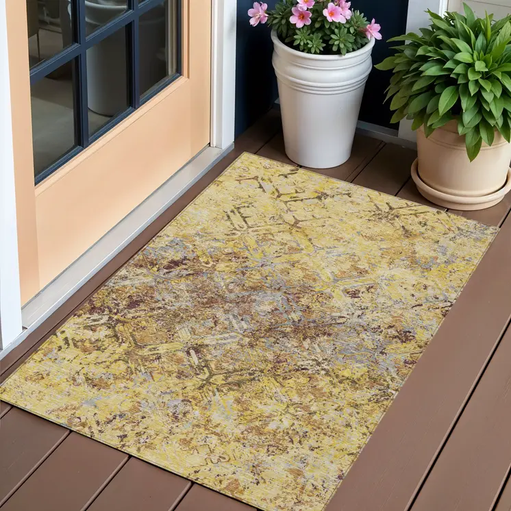 3' X 5' Wheat Gold And Gray Geometric Washable Indoor Outdoor Area Rug