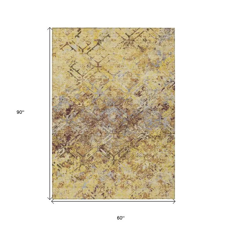 5' X 8' Wheat Gold And Gray Geometric Washable Indoor Outdoor Area Rug