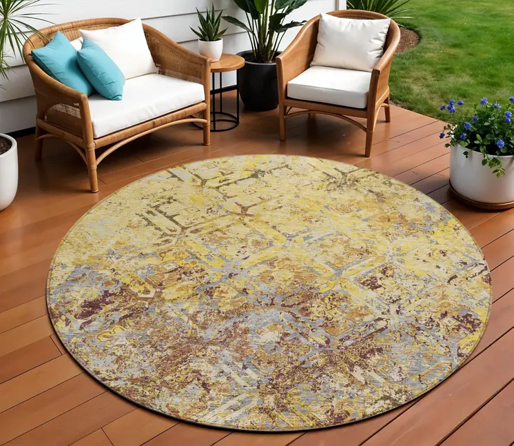 8' Wheat Gold And Gray Round Geometric Washable Indoor Outdoor Area Rug
