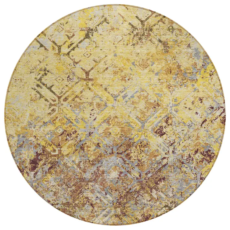 8' Wheat Gold And Gray Round Geometric Washable Indoor Outdoor Area Rug