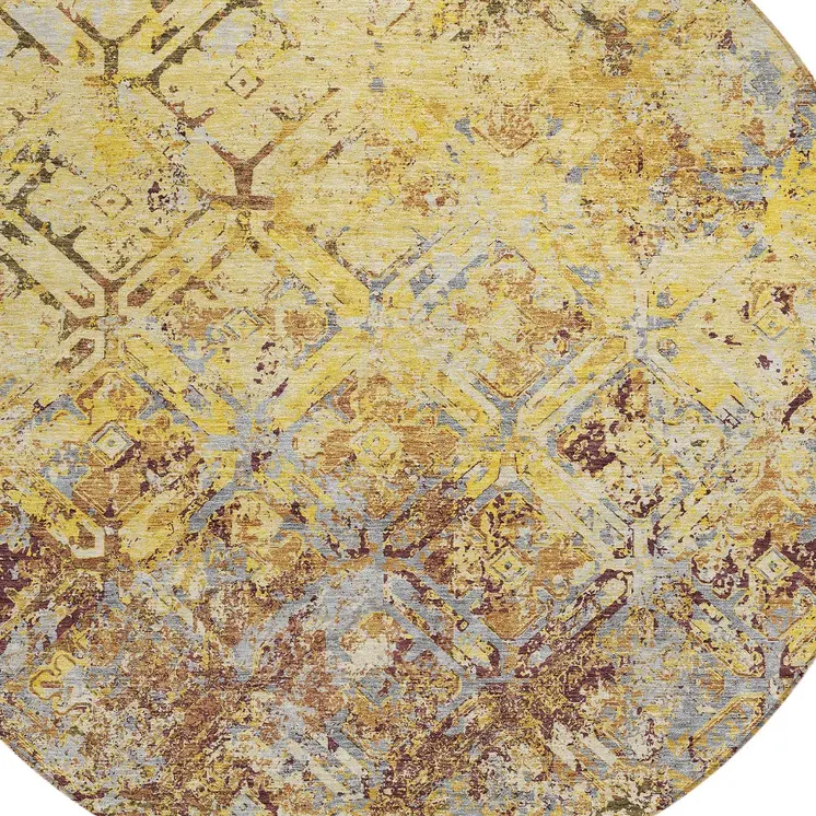8' Wheat Gold And Gray Round Geometric Washable Indoor Outdoor Area Rug