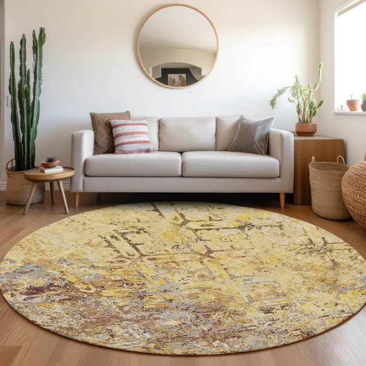8' Wheat Gold And Gray Round Geometric Washable Indoor Outdoor Area Rug