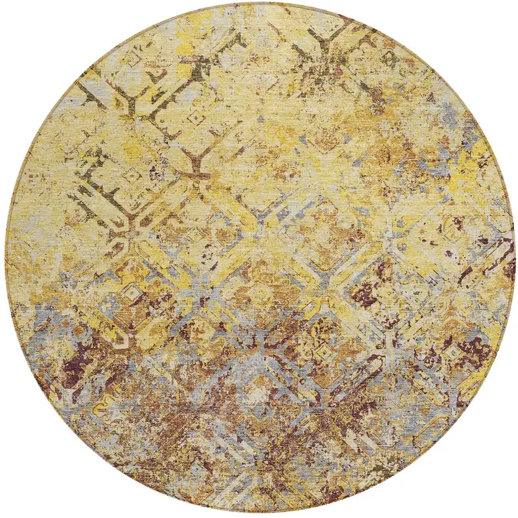 8' Wheat Gold And Gray Round Geometric Washable Indoor Outdoor Area Rug