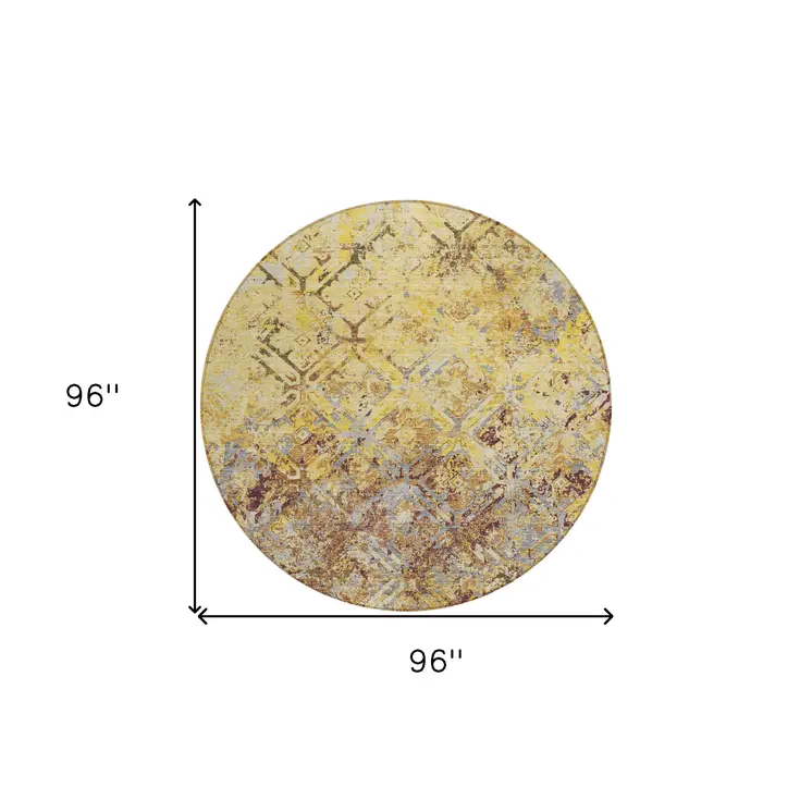8' Wheat Gold And Gray Round Geometric Washable Indoor Outdoor Area Rug