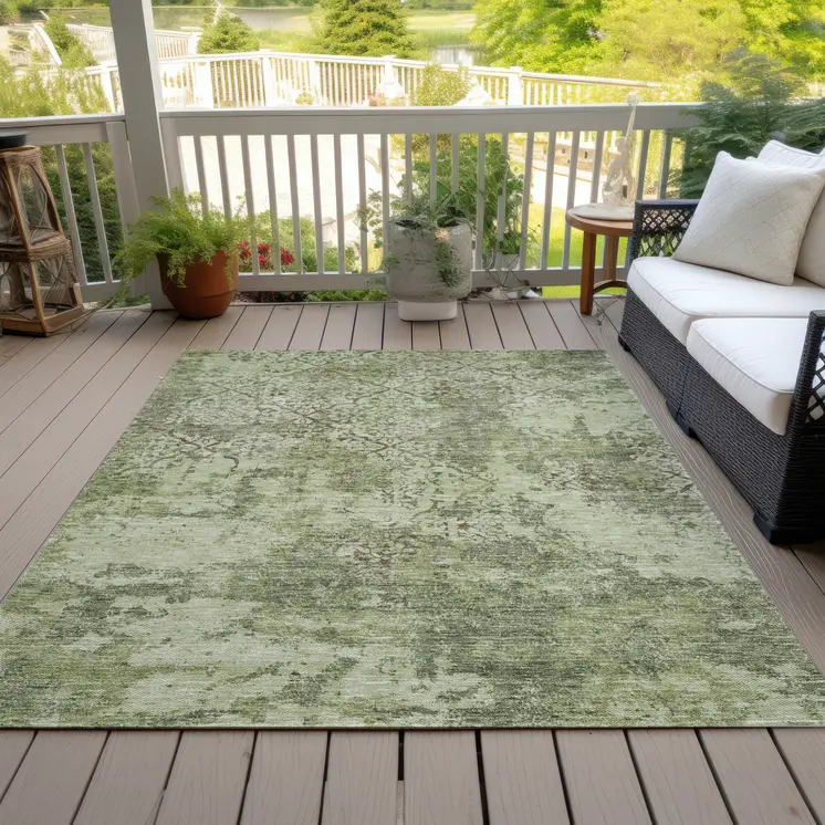 3' X 5' Artichoke Green And Fern Green Floral Washable Indoor Outdoor Area Rug