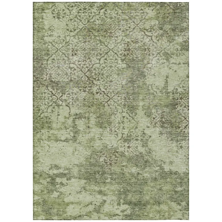 3' X 5' Artichoke Green And Fern Green Floral Washable Indoor Outdoor Area Rug