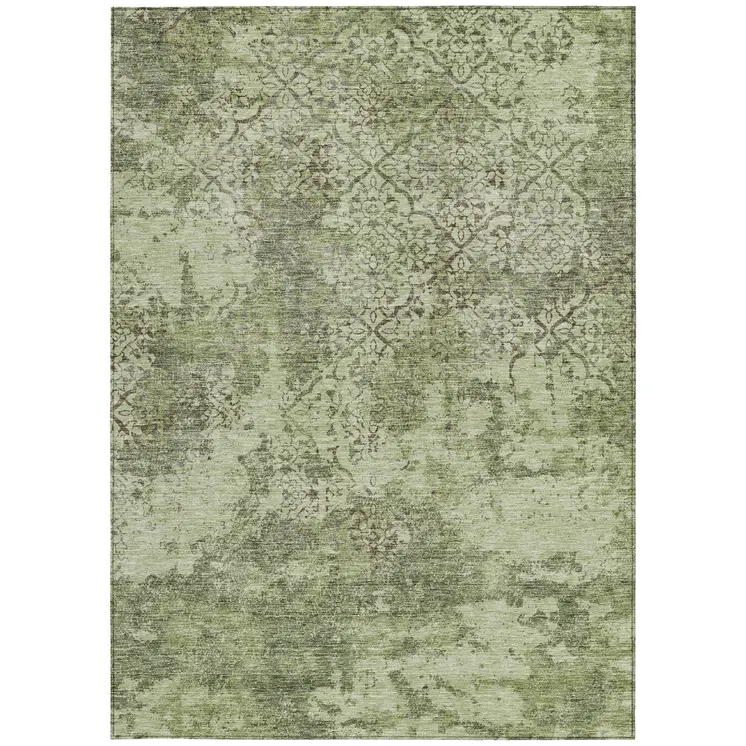 3' X 5' Artichoke Green And Fern Green Floral Washable Indoor Outdoor Area Rug