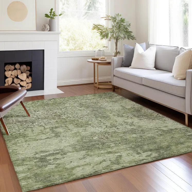 3' X 5' Artichoke Green And Fern Green Floral Washable Indoor Outdoor Area Rug