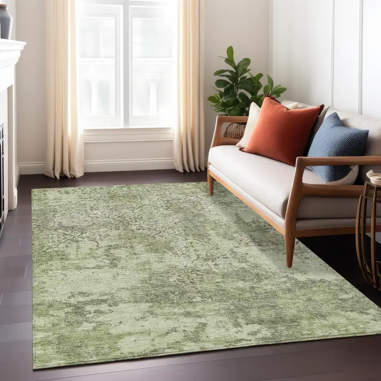 3' X 5' Artichoke Green And Fern Green Floral Washable Indoor Outdoor Area Rug