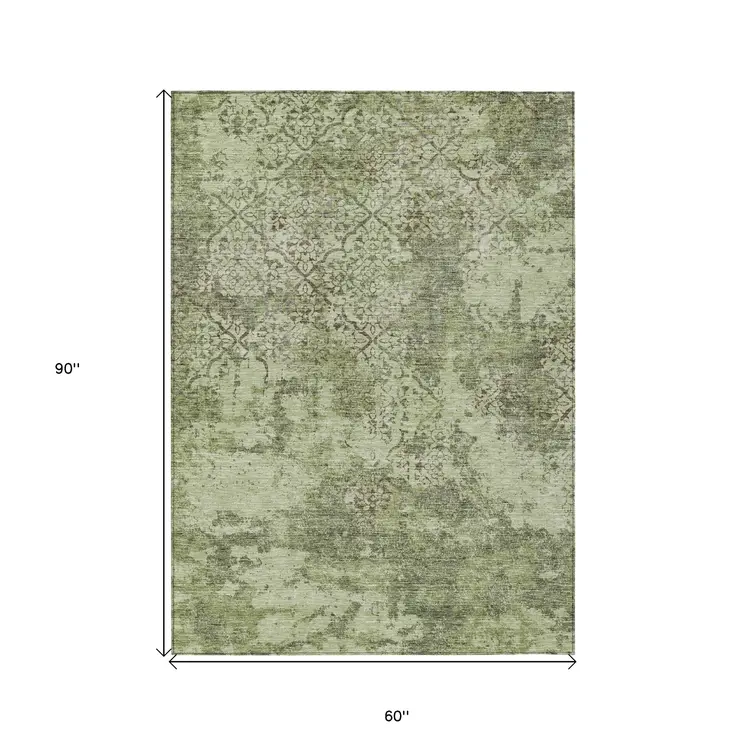 5' X 8' Artichoke Green And Fern Green Floral Washable Indoor Outdoor Area Rug