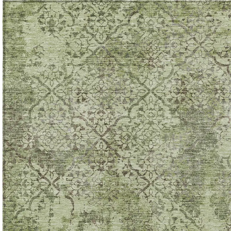 5' X 8' Artichoke Green And Fern Green Floral Washable Indoor Outdoor Area Rug