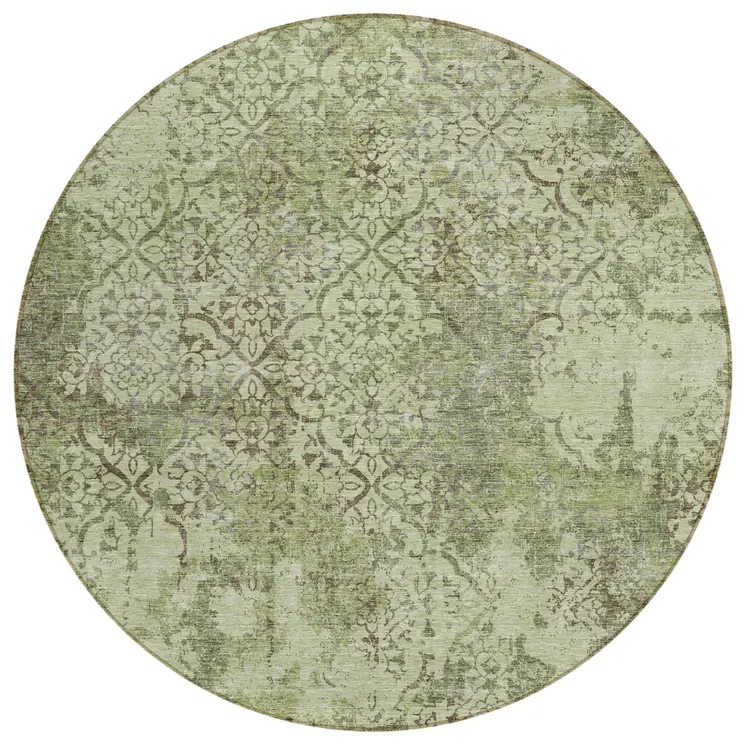 8' Artichoke Green And Fern Green Round Floral Washable Indoor Outdoor Area Rug