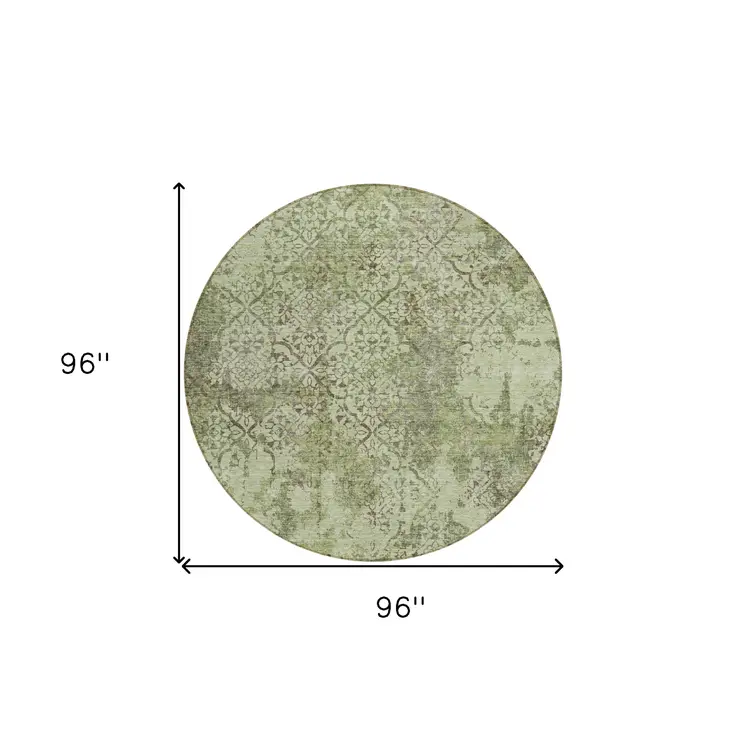 8' Artichoke Green And Fern Green Round Floral Washable Indoor Outdoor Area Rug