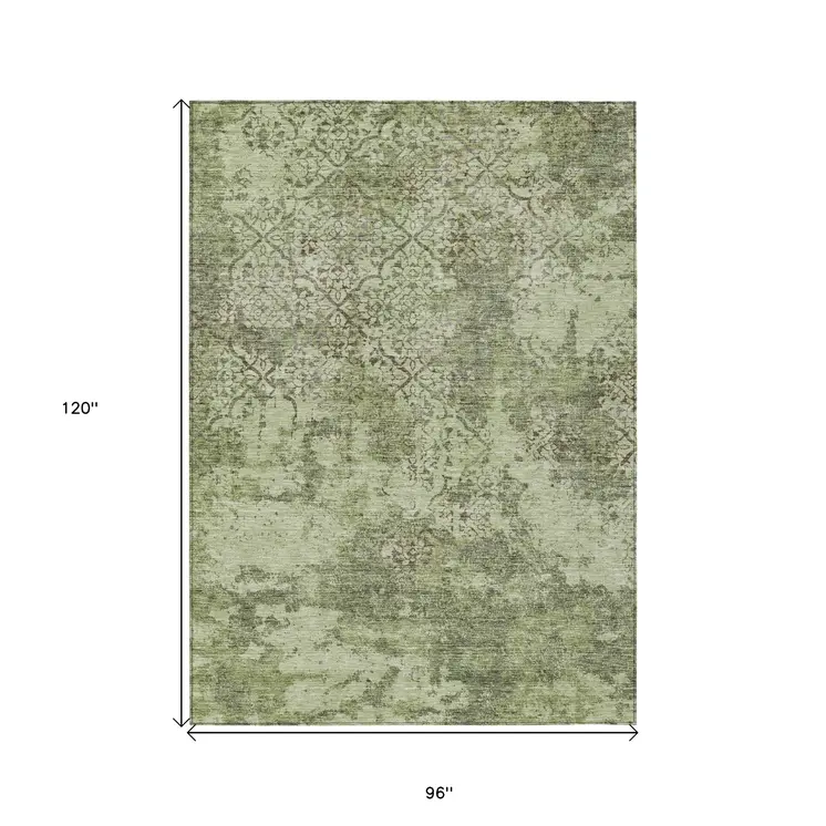 8' X 10' Artichoke Green And Fern Green Floral Washable Indoor Outdoor Area Rug