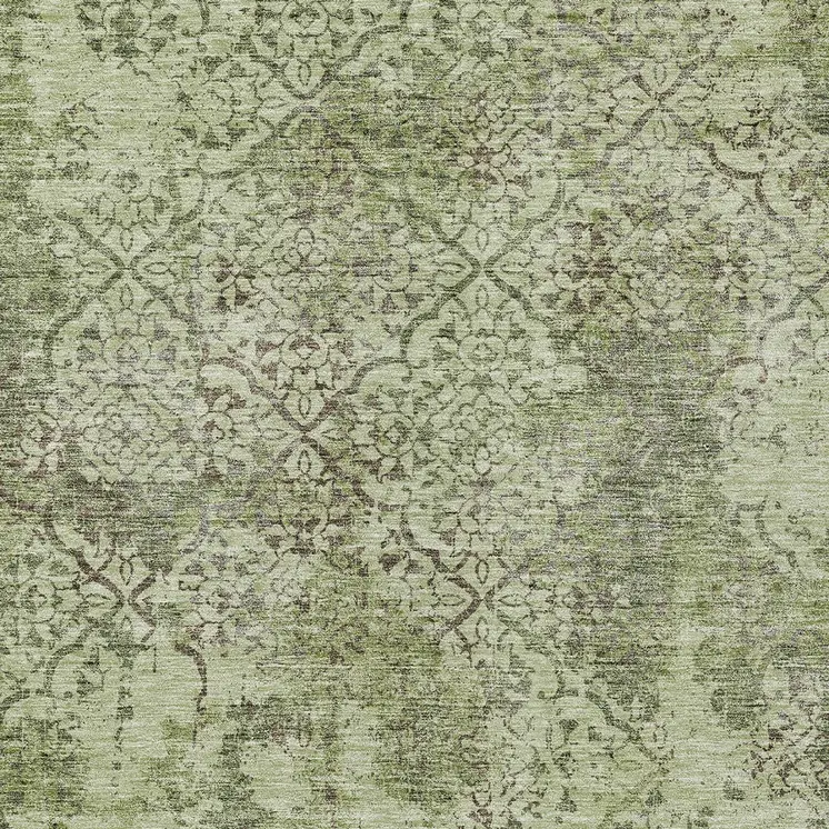 9' X 12' Artichoke Green And Fern Green Floral Washable Indoor Outdoor Area Rug