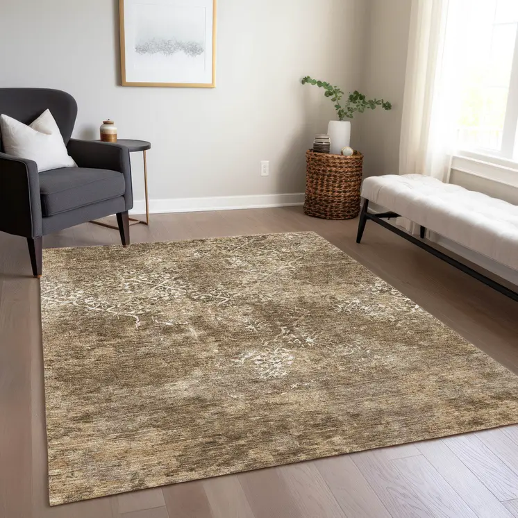 3' X 5' Brown Taupe And Ivory Floral Washable Indoor Outdoor Area Rug