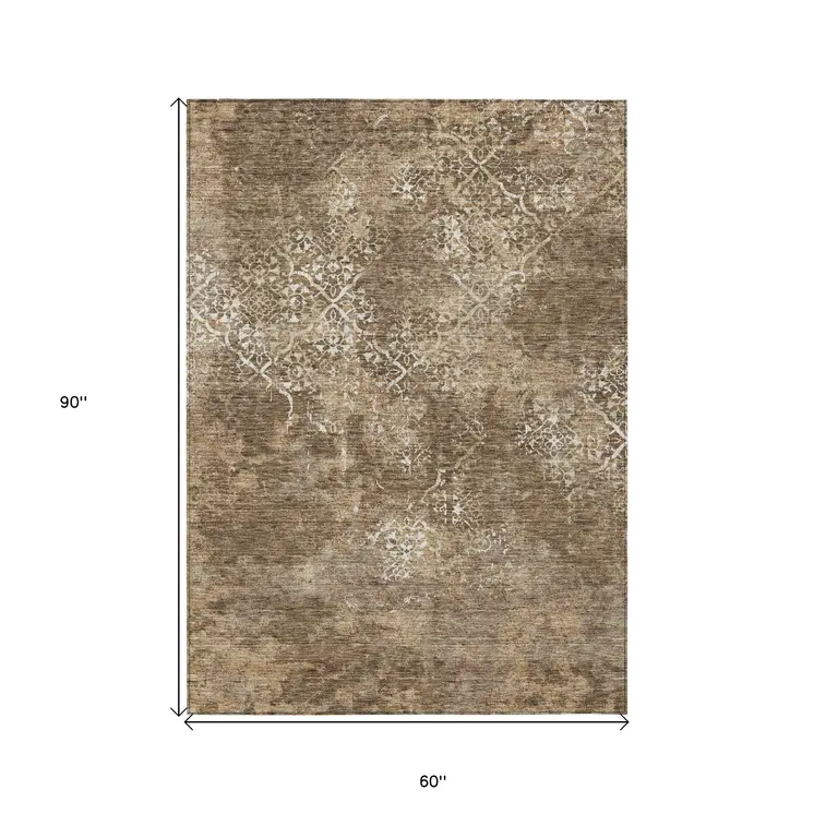 5' X 8' Brown Taupe And Ivory Floral Washable Indoor Outdoor Area Rug