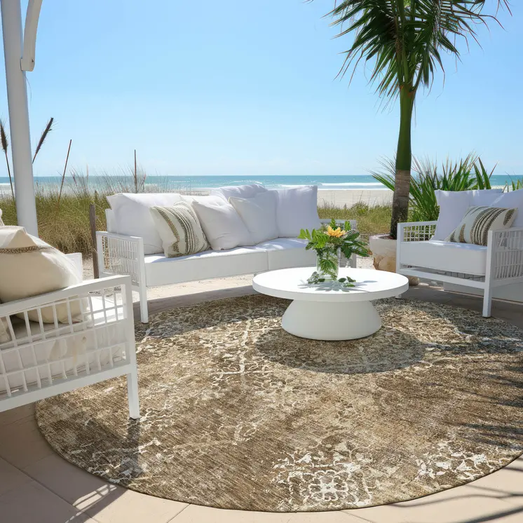 8' Brown Taupe And Ivory Round Floral Washable Indoor Outdoor Area Rug
