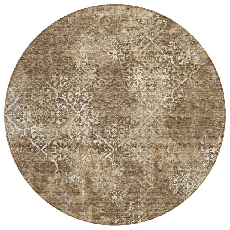 8' Brown Taupe And Ivory Round Floral Washable Indoor Outdoor Area Rug