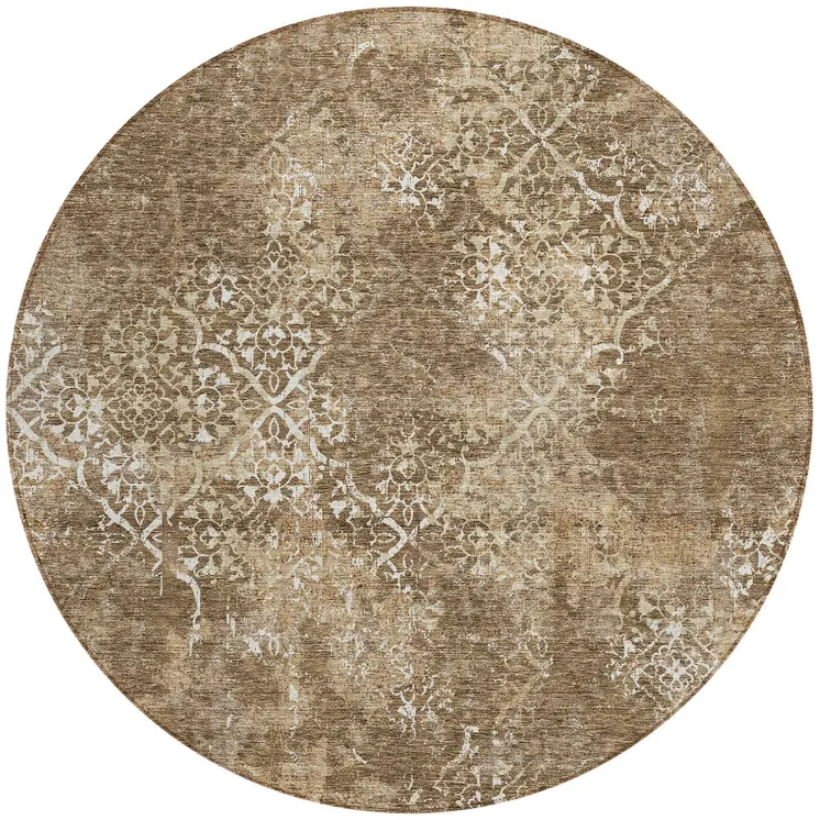8' Brown Taupe And Ivory Round Floral Washable Indoor Outdoor Area Rug