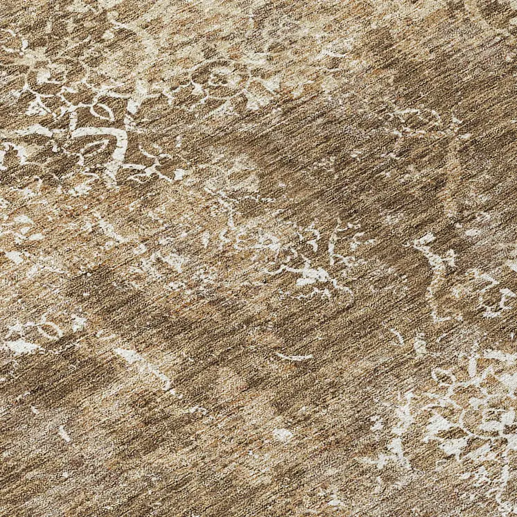 8' Brown Taupe And Ivory Round Floral Washable Indoor Outdoor Area Rug