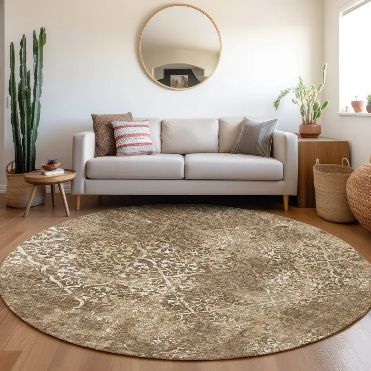 8' Brown Taupe And Ivory Round Floral Washable Indoor Outdoor Area Rug