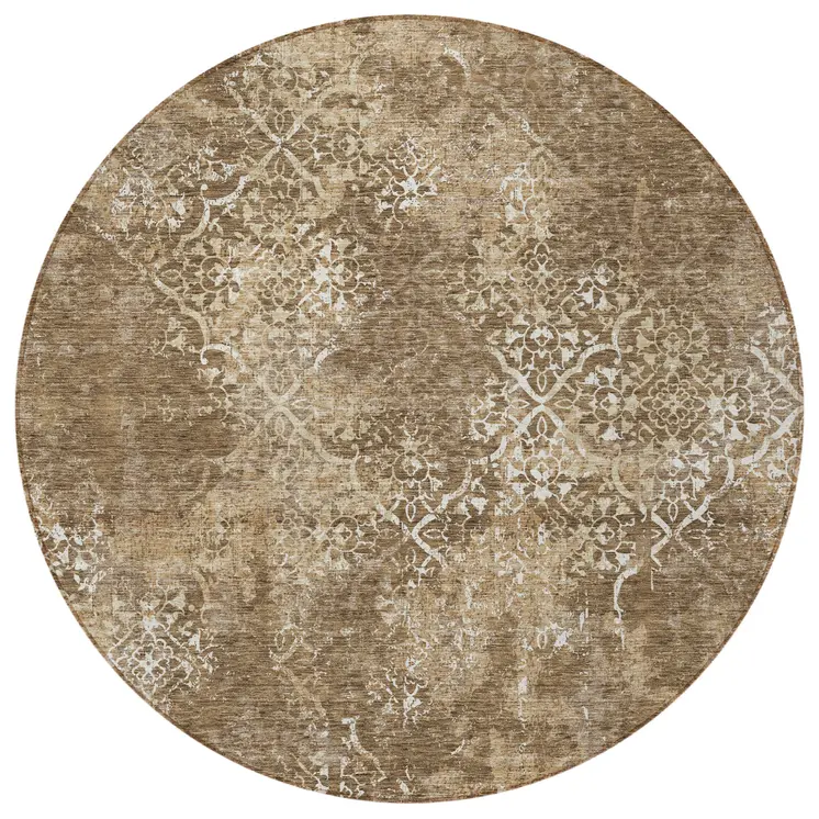 8' Brown Taupe And Ivory Round Floral Washable Indoor Outdoor Area Rug