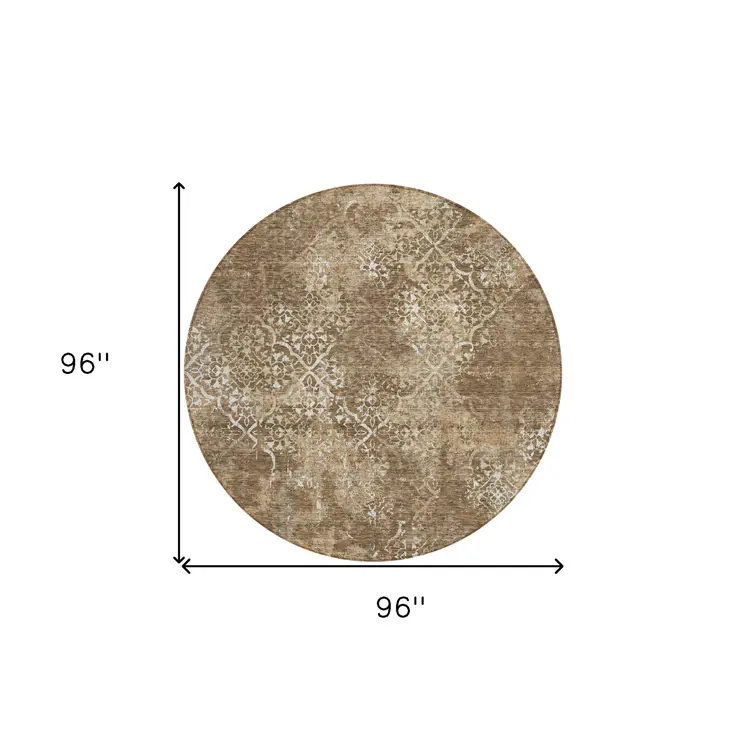 8' Brown Taupe And Ivory Round Floral Washable Indoor Outdoor Area Rug
