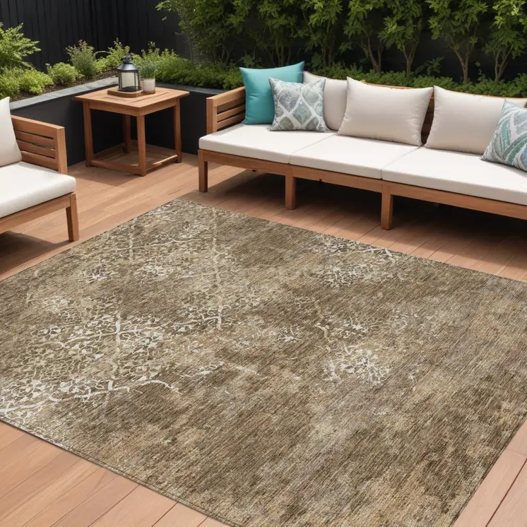 8' X 10' Brown Taupe And Ivory Floral Washable Indoor Outdoor Area Rug