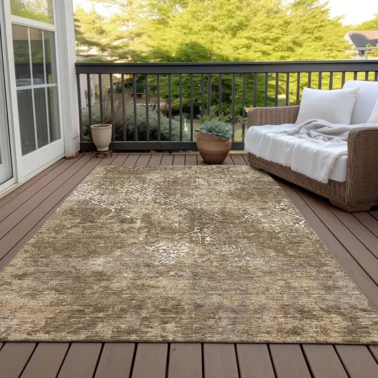 8' X 10' Brown Taupe And Ivory Floral Washable Indoor Outdoor Area Rug