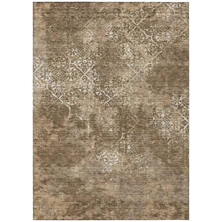 8' X 10' Brown Taupe And Ivory Floral Washable Indoor Outdoor Area Rug