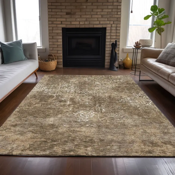8' X 10' Brown Taupe And Ivory Floral Washable Indoor Outdoor Area Rug