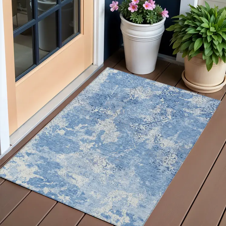 3' X 5' Denim Blue And Sky Blue Floral Washable Indoor Outdoor Area Rug