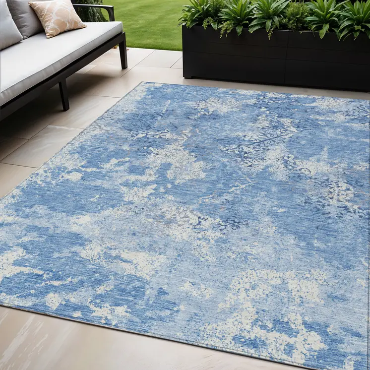 5' X 8' Denim Blue And Sky Blue Floral Washable Indoor Outdoor Area Rug