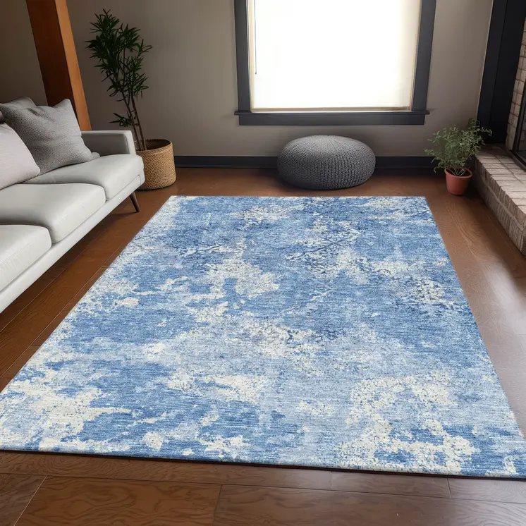 5' X 8' Denim Blue And Sky Blue Floral Washable Indoor Outdoor Area Rug
