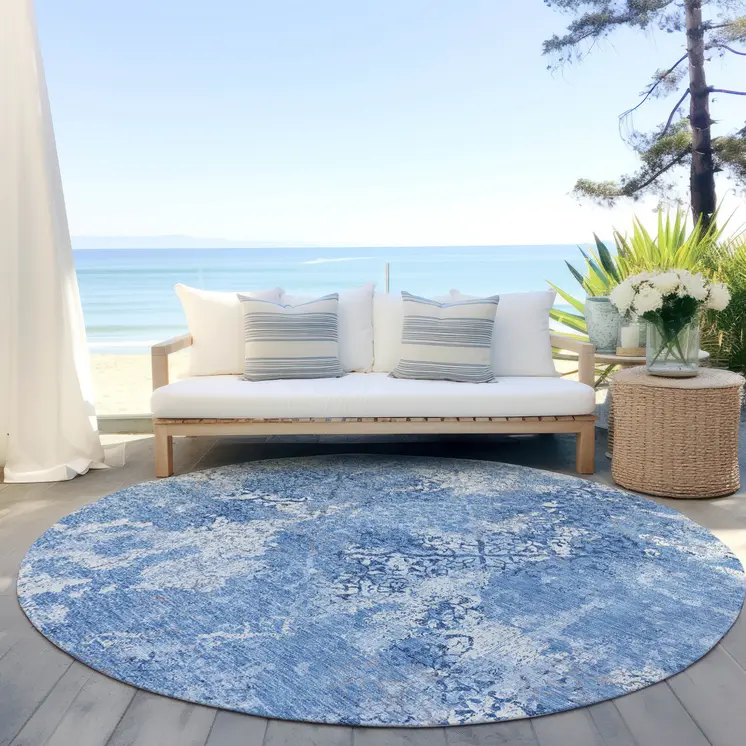 8' Denim Blue And Sky Blue Round Floral Washable Indoor Outdoor Area Rug