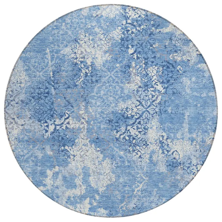8' Denim Blue And Sky Blue Round Floral Washable Indoor Outdoor Area Rug