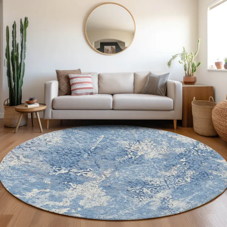 8' Denim Blue And Sky Blue Round Floral Washable Indoor Outdoor Area Rug