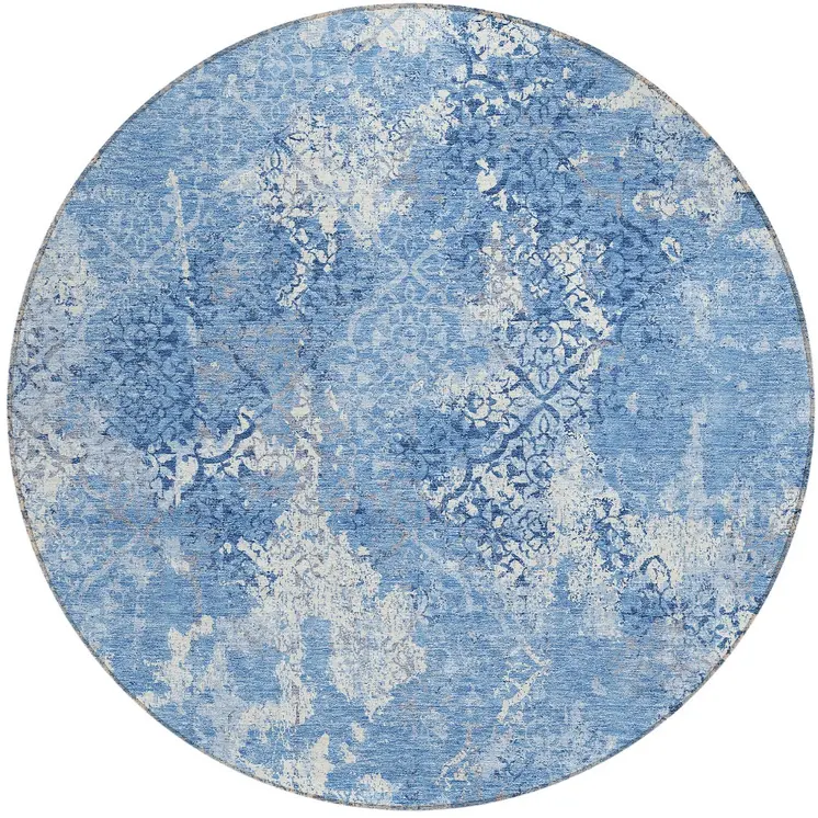 8' Denim Blue And Sky Blue Round Floral Washable Indoor Outdoor Area Rug