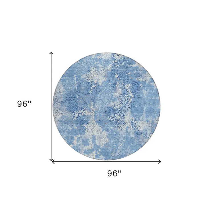8' Denim Blue And Sky Blue Round Floral Washable Indoor Outdoor Area Rug