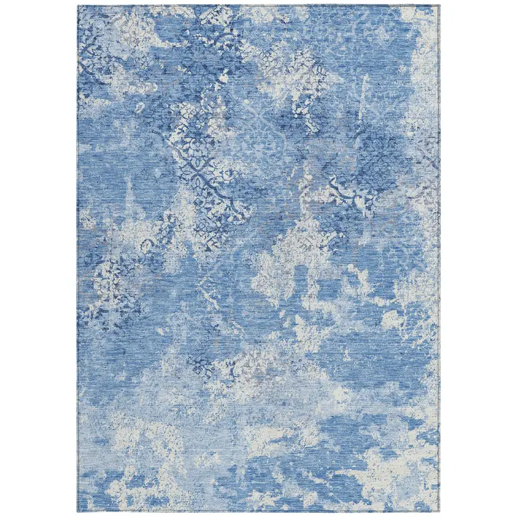 9' X 12' Denim Blue And Sky Blue Floral Washable Indoor Outdoor Area Rug