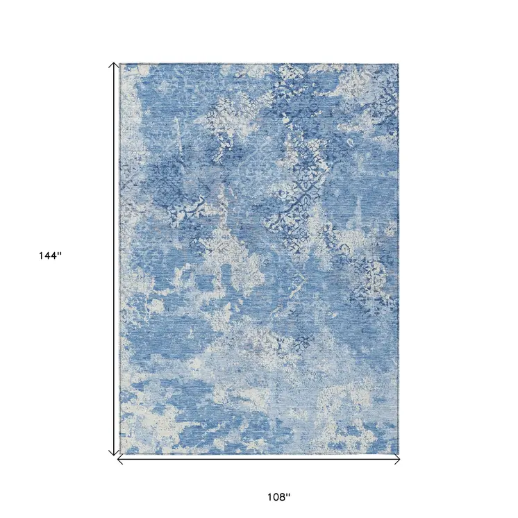 9' X 12' Denim Blue And Sky Blue Floral Washable Indoor Outdoor Area Rug