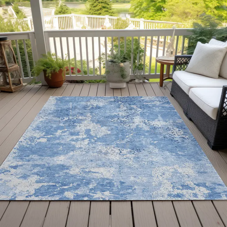 9' X 12' Denim Blue And Sky Blue Floral Washable Indoor Outdoor Area Rug