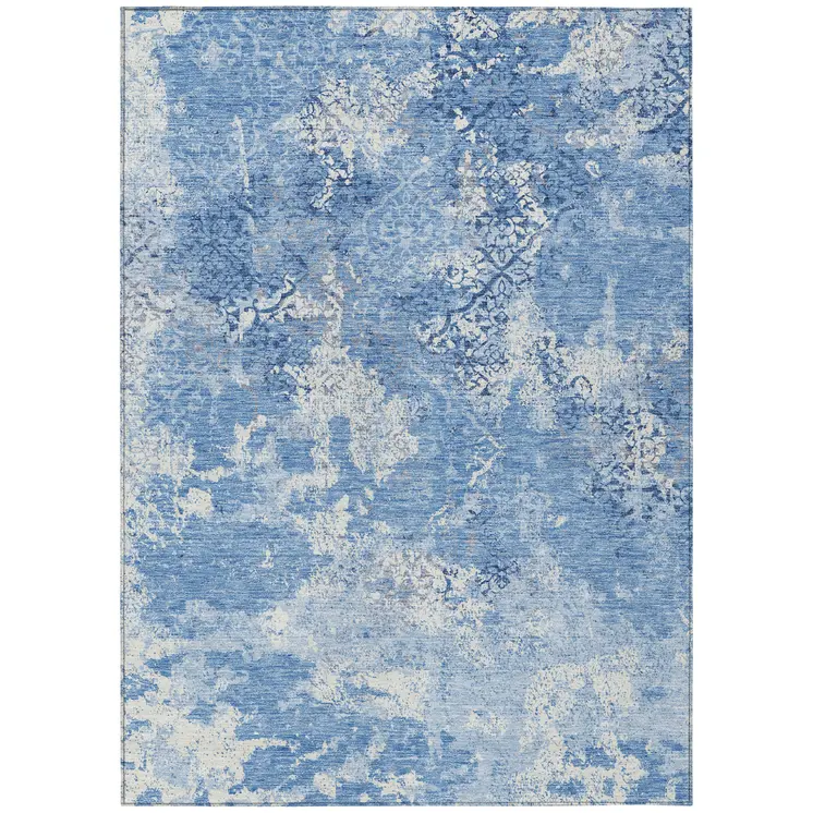 9' X 12' Denim Blue And Sky Blue Floral Washable Indoor Outdoor Area Rug