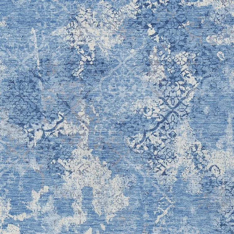 9' X 12' Denim Blue And Sky Blue Floral Washable Indoor Outdoor Area Rug